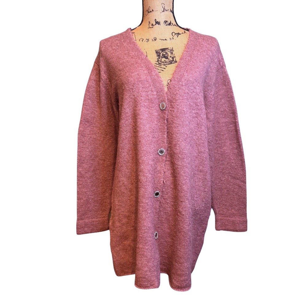 Refka Woman Mauve Longline Cardigan Rhinestone Button V-Neck Sweater‎ US 8-10